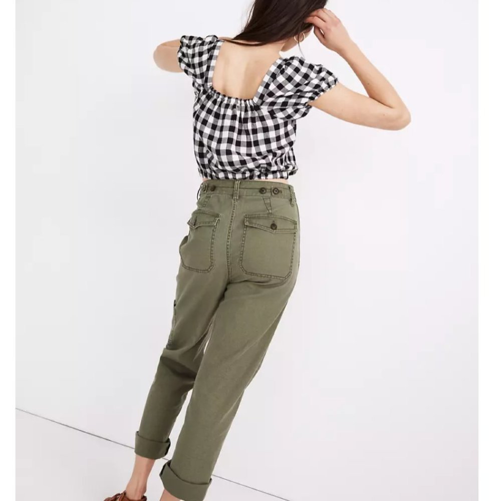 Madewell Linen Blend Puff Sleeve Button Front Crop Top in Gingham Check - Picture 3 of 8